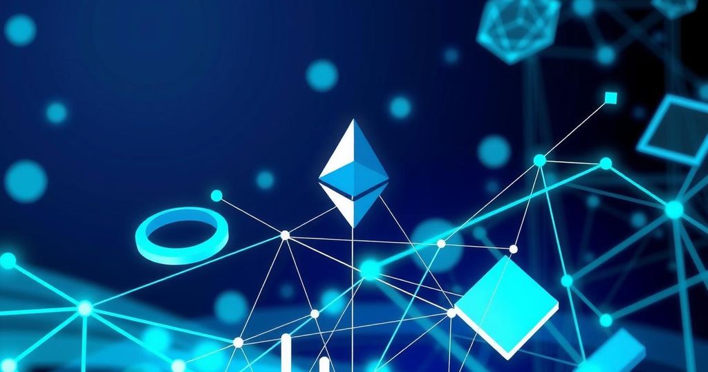 A digital representation of Ethereum's blockchain and future growth, with a bright colour palette and geometric patterns.