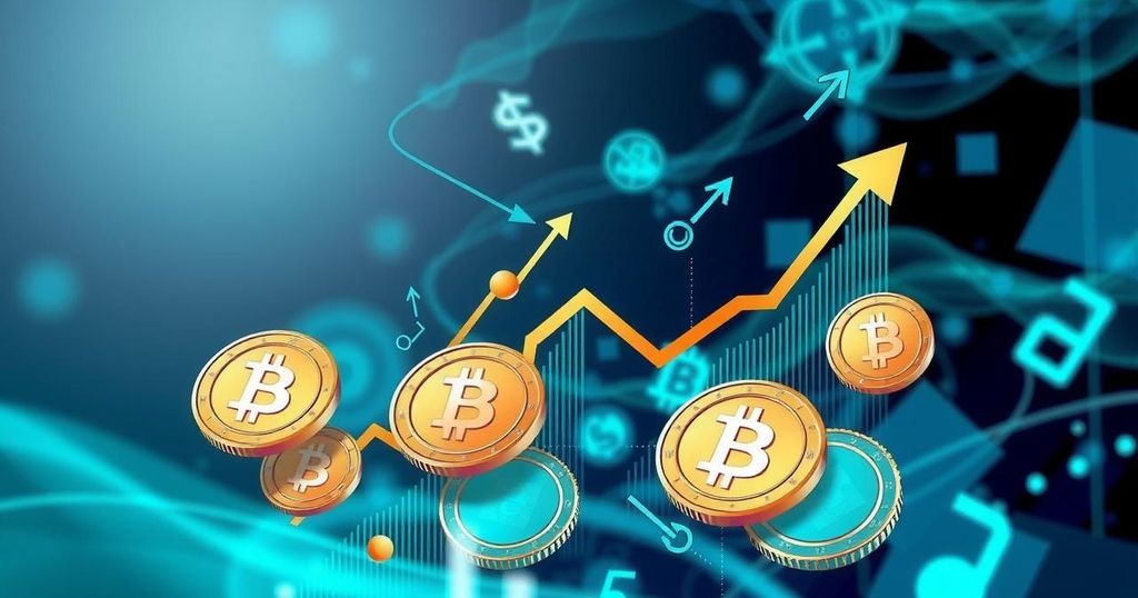A vibrant cryptocurrency theme with digital tokens, abstract charts, and mathematical symbols in a modern style