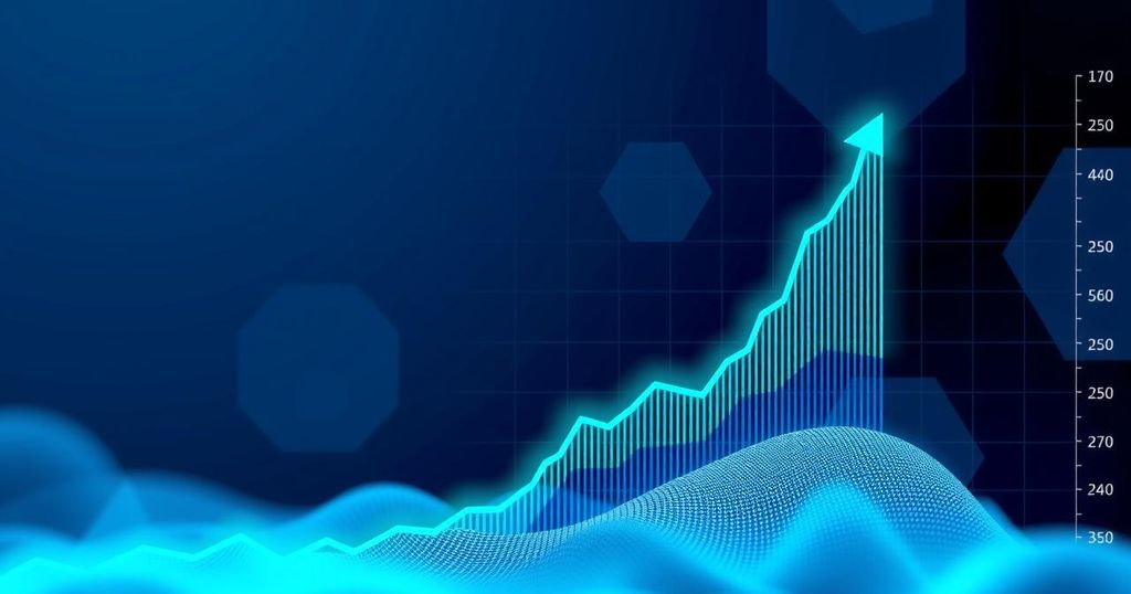 A digital representation of Bitcoin's upward trend, with a vibrant blue and green colour scheme illustrating market growth and excitement.