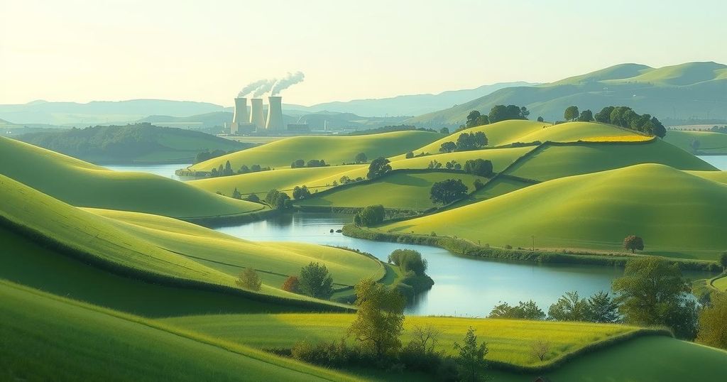 Rural landscape with rolling hills, distant power plant, and a tranquil lake, showcasing conflict between nature and industry.