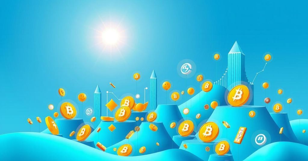 Vibrant digital landscape featuring cryptocurrencies with clear skies, showcasing innovation and market structure.