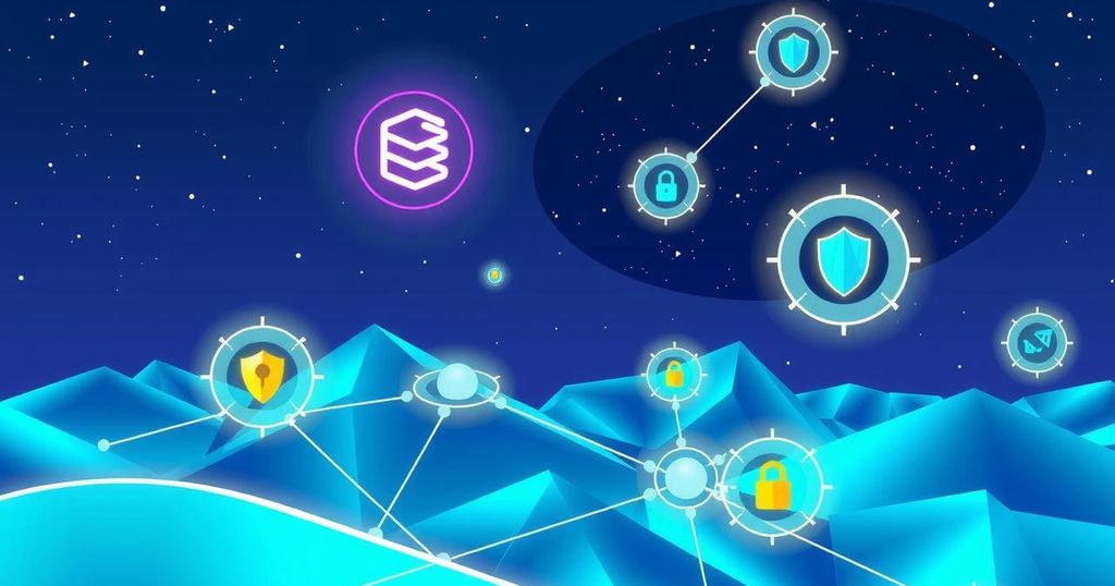 A vibrant digital landscape showcasing blockchain technology concepts, multi-chain wallets, and decentralized services in bright colours.