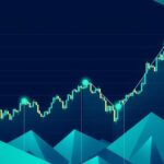 A digital representation of Bitcoin's price trend, featuring a bullish graph in a modern style with a blue and green colour scheme.