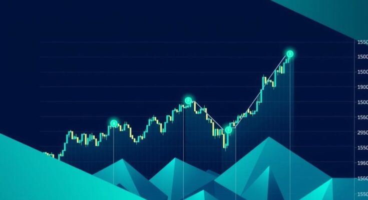 A digital representation of Bitcoin's price trend, featuring a bullish graph in a modern style with a blue and green colour scheme.
