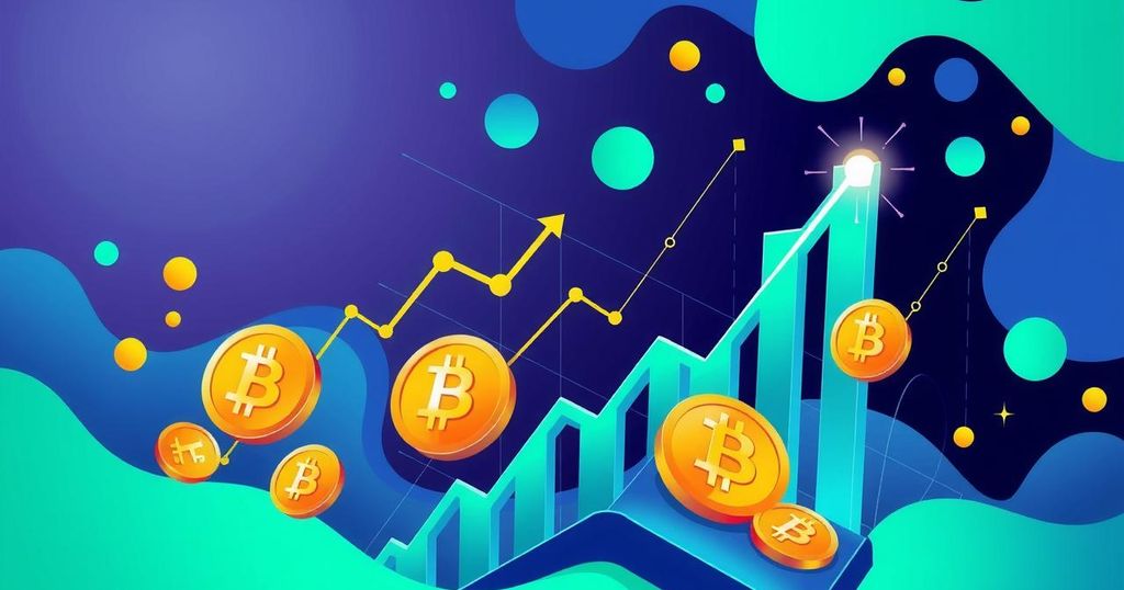 A dynamic cryptocurrency trading scene featuring Bitcoin graphs, digital currency symbols, and a bullish market atmosphere.