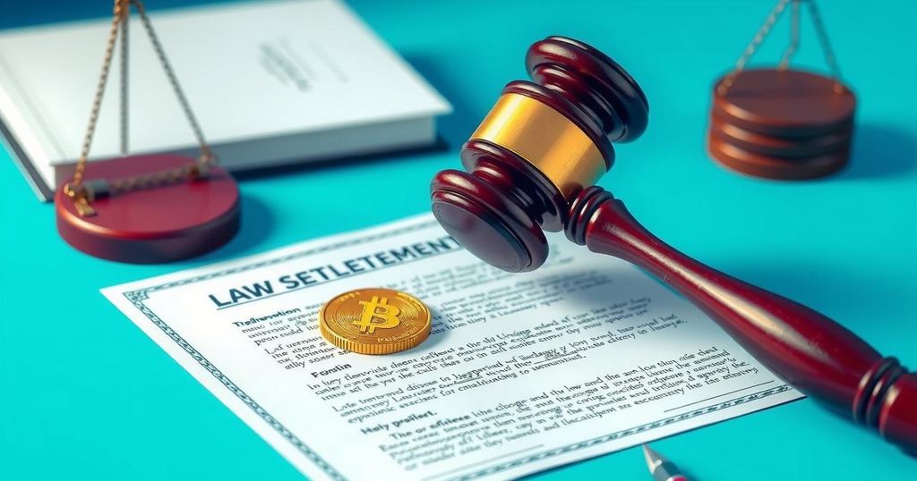 A gavel resting on a legal document with a crypto currency coin beside it, representing a lawsuit settlement theme.