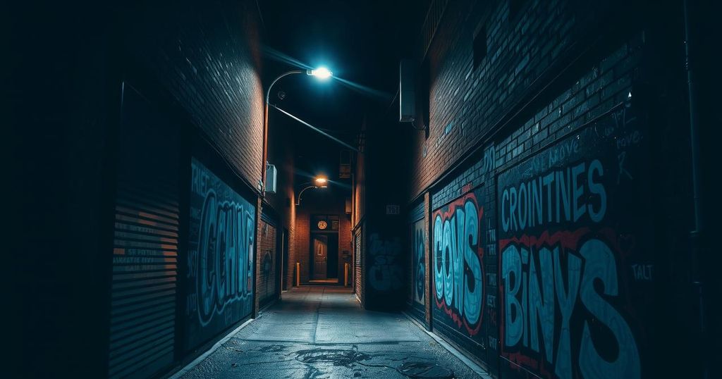 A dramatic scene depicting a dark alleyway representing mystery and tension around cryptocurrency cases.