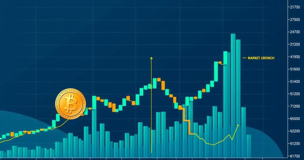 A illustration of Bitcoin price dynamics with upward and downward trends visible on a chart.