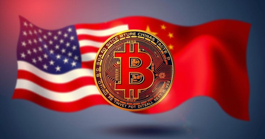 A digital representation of cryptocurrency dynamics with a Bitcoin symbol, American and Chinese flags merging in the background.