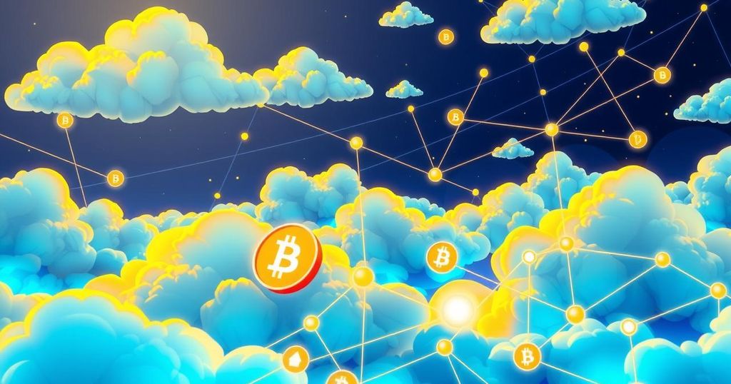 A digital representation of cloud mining with Bitcoin and Dogecoin symbols, featuring bright colours and modern technology elements.