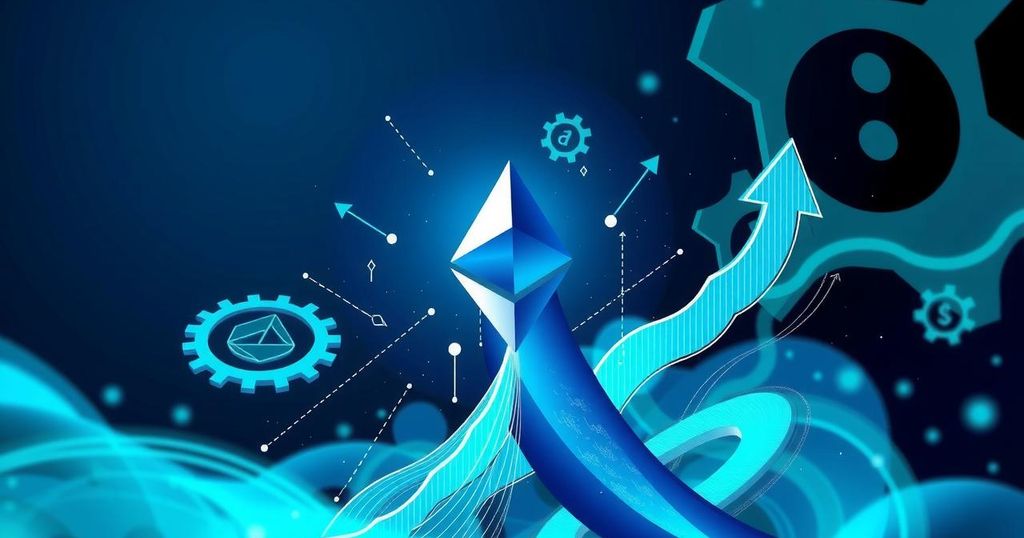 A digital art of Ethereum logo soaring above abstract cryptocurrency symbols, in vibrant blues and greens, evoking growth.