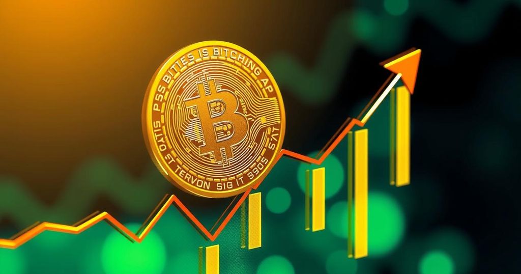 A digital illustration of a Bitcoin coin on a graph with an upward trend, in gold and green shades.