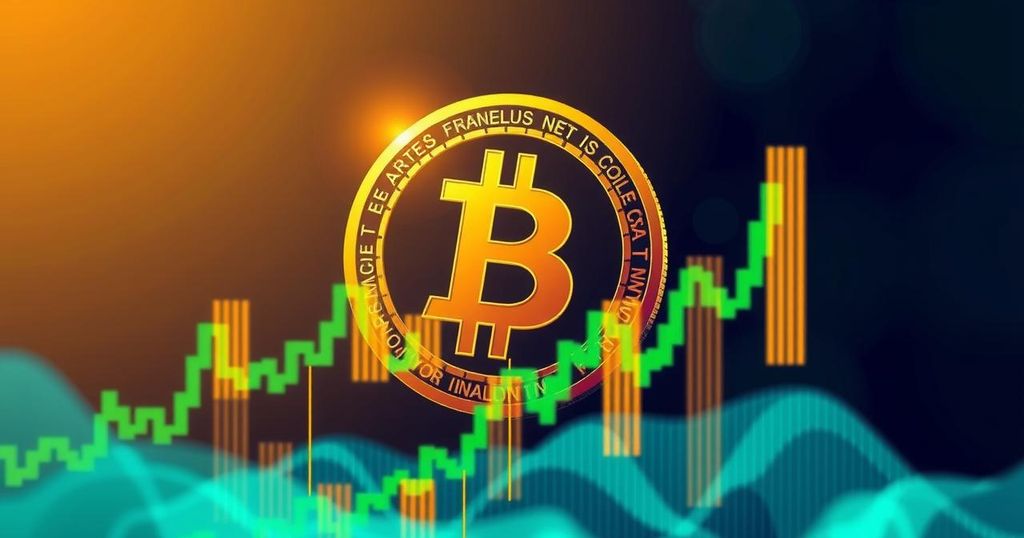 A digital illustration of a Bitcoin symbol amidst fluctuating graphs with vibrant colours to signify market activity.