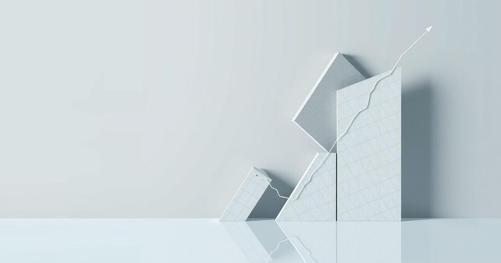 A stock market graph showing a decline, with abstract shapes representing economic uncertainty and muted colours.