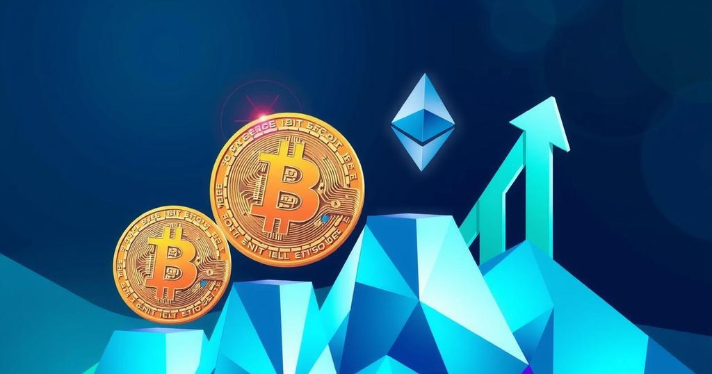 A vibrant digital artwork depicting soaring cryptocurrency symbols, with Bitcoin and Ethereum emerging above a graph-like structure in upbeat colors.