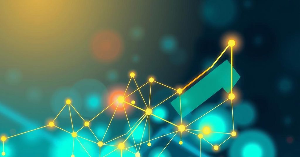 A vibrant and optimistic digital artwork symbolising cryptocurrency growth, featuring abstract geometric shapes and bright colours.