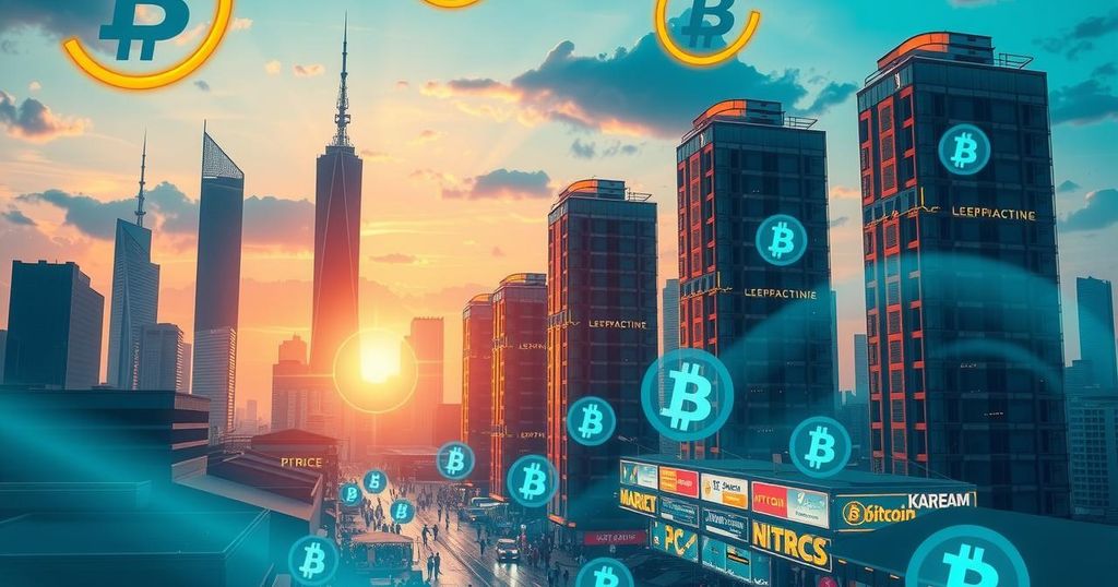 A digital illustration of Bitcoin's symbol with rising graph lines, set against a futuristic cityscape in vibrant colors.