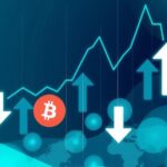 An abstract representation of cryptocurrency trading volatility with downward arrows and digital currency symbols in cool tones.