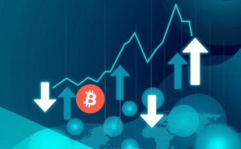An abstract representation of cryptocurrency trading volatility with downward arrows and digital currency symbols in cool tones.