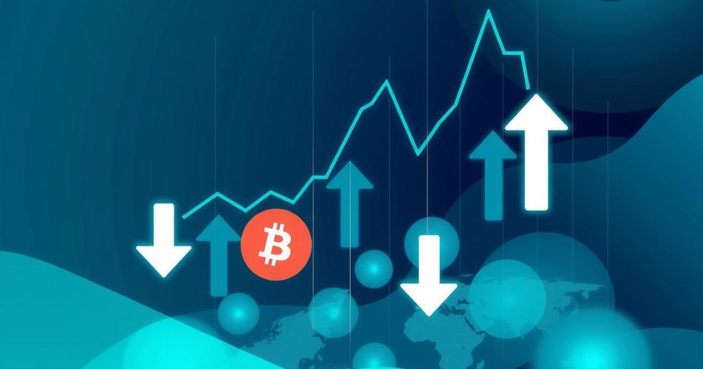 An abstract representation of cryptocurrency trading volatility with downward arrows and digital currency symbols in cool tones.
