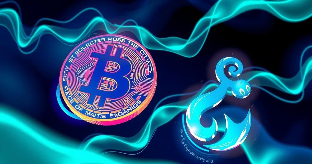 A futuristic digital artwork depicting abstract cryptocurrency symbols with vibrant colours, emphasizing Bitcoin and PEPE.