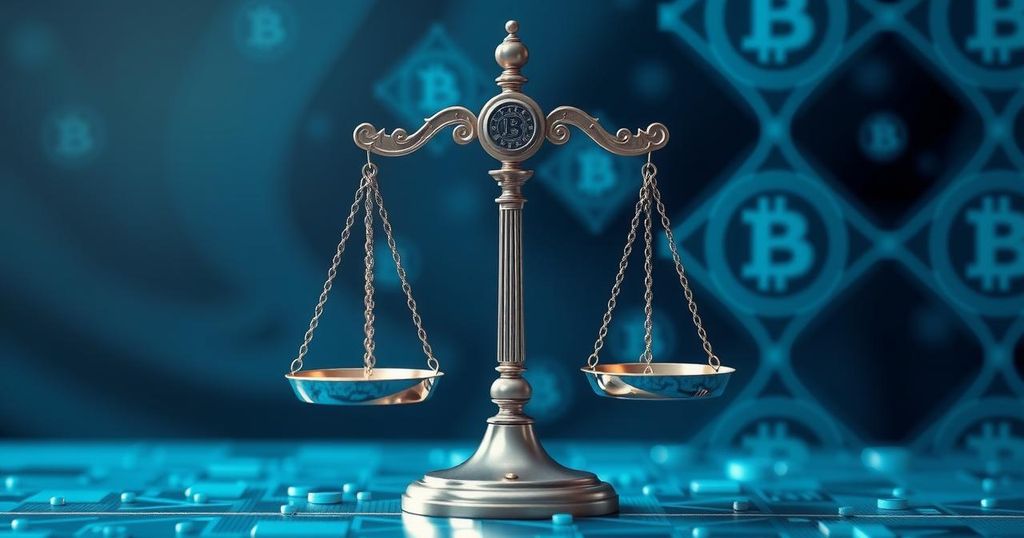 A symbolic representation of digital asset regulation with scales and blockchain motifs in blue tones.