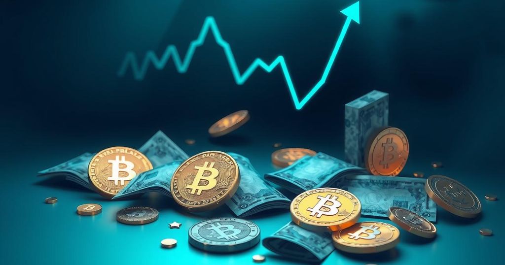 A digital artwork depicting cryptocurrency symbols, a downward graph, and currency notes, in a modern abstract style with cool colours.