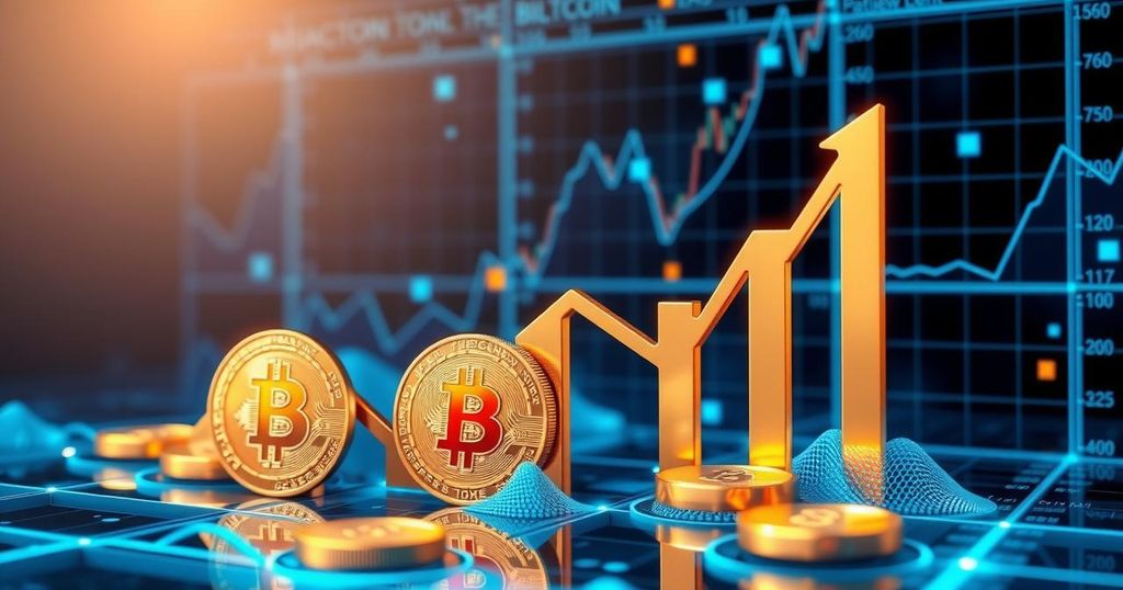 A digital representation of Bitcoin's growth with graphs and symbols illustrating market trends and investment.