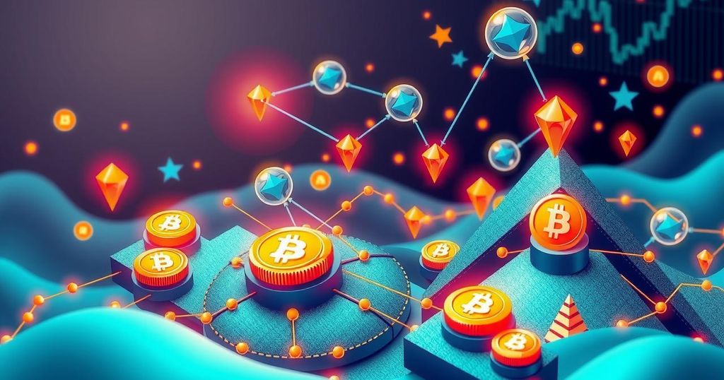 A vibrant cryptocurrency landscape illustrating blockchain, NFTs, and trading safety, in a modern digital art style with bright colours.