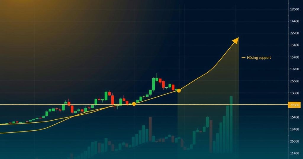 A digital representation of Bitcoin's upward price trend with green candlesticks, moving averages, and a rising channel structure.
