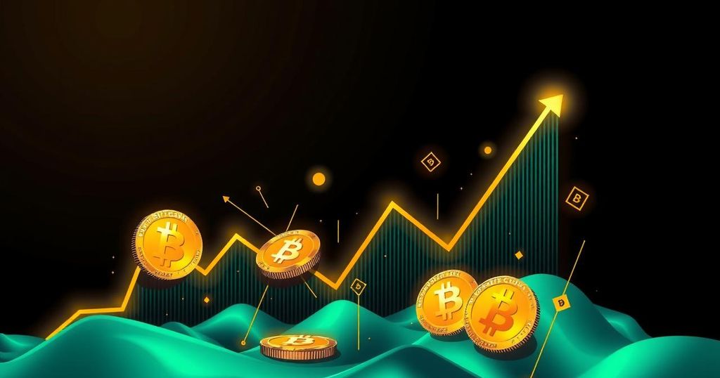 A vibrant digital graph showcasing Bitcoin’s rising value with dynamic crypto icons and tokens in a bull market theme.