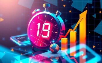 An abstract representation of Bitcoin's rising value, with a digital clock overlay in vivid colours, symbolising growth and urgency.