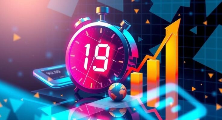 An abstract representation of Bitcoin's rising value, with a digital clock overlay in vivid colours, symbolising growth and urgency.
