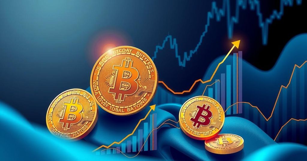 Bitcoin futures open interest reaches new heights with financial symbols and charts in a striking blue and gold palette.
