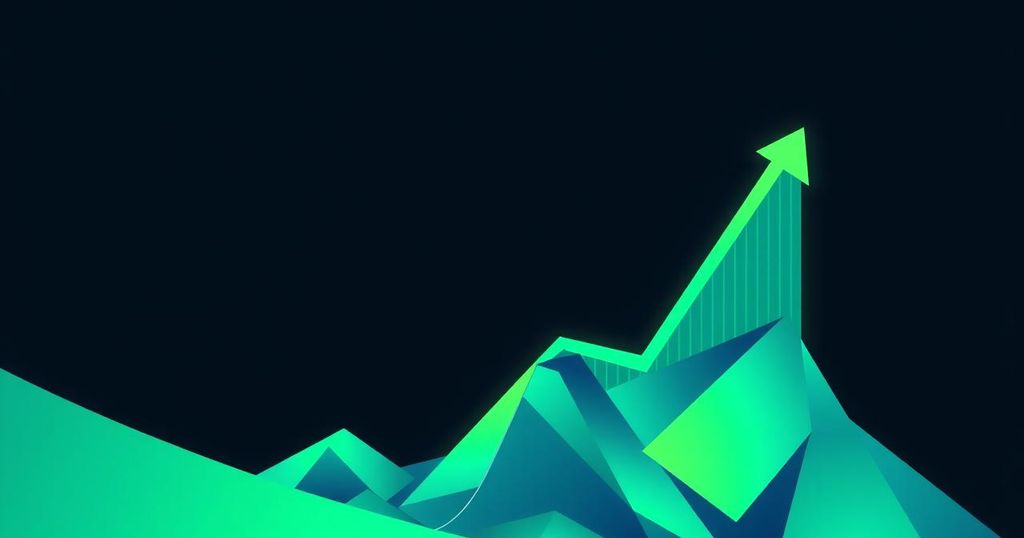 A digital artwork showcasing an upward price trend in cryptocurrencies, with vibrant green and blue colours.