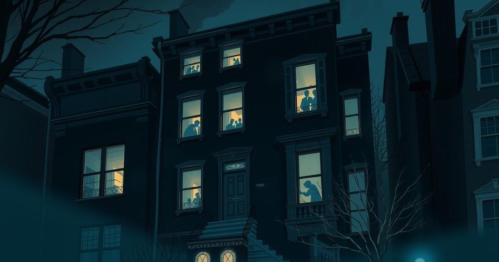 A dark, moody illustration of a New York City townhouse at night, reflecting danger and tension in an urban setting.