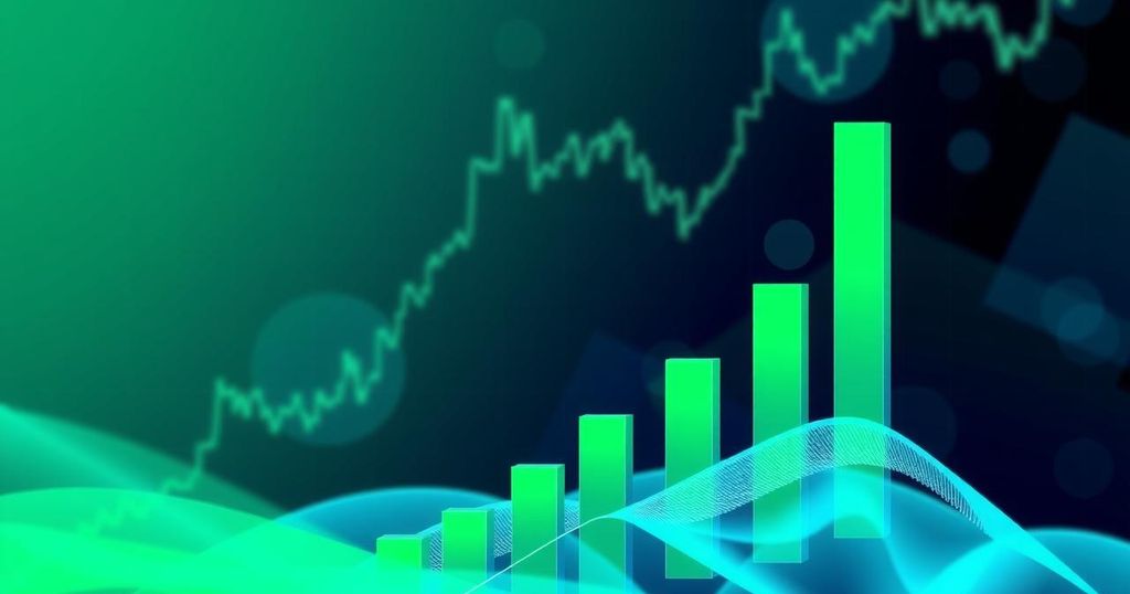 Abstract representation of cryptocurrency market trends with rising graphs and digital elements in vibrant green and blue hues.