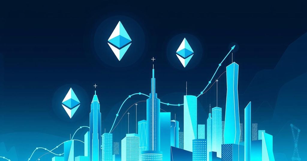 Ethereum graphic showing price predictions, investment trends, and key factors affecting cryptocurrency market. Blue and green tones.