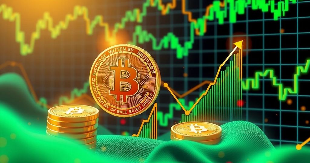 A digital representation of soaring Bitcoin prices with dynamic charts and optimistic financial graphs in vibrant colours.