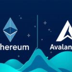A digital illustration of cryptocurrency logos for Ethereum and Avalanche with a contrasting upward trend graphic.