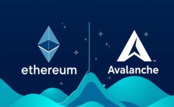 A digital illustration of cryptocurrency logos for Ethereum and Avalanche with a contrasting upward trend graphic.