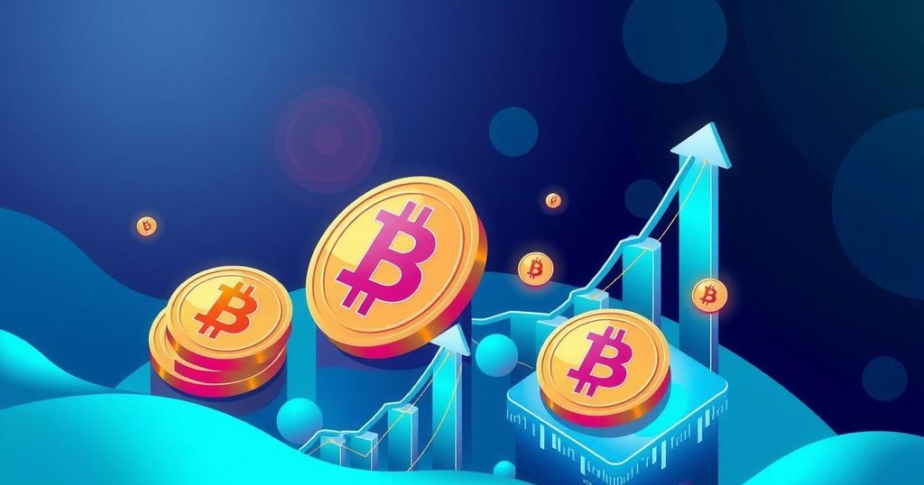 A digital representation of cryptocurrency symbols surrounded by financial graphs in blue and green tones.