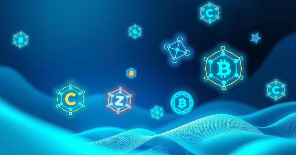 A futuristic digital landscape representing cryptocurrency and blockchain technology, in vibrant shades of blue and green.