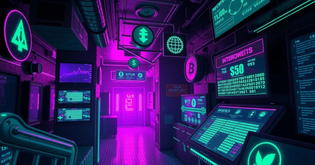 An abstract digital art representation of a dark, cyber underground marketplace featuring crypto elements.