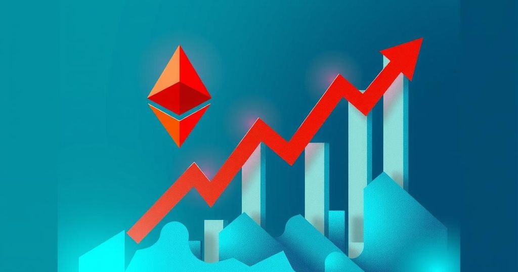 Abstract representation of Ethereum's price movement with bullish trends and a weakening dollar symbolised through geometric shapes.