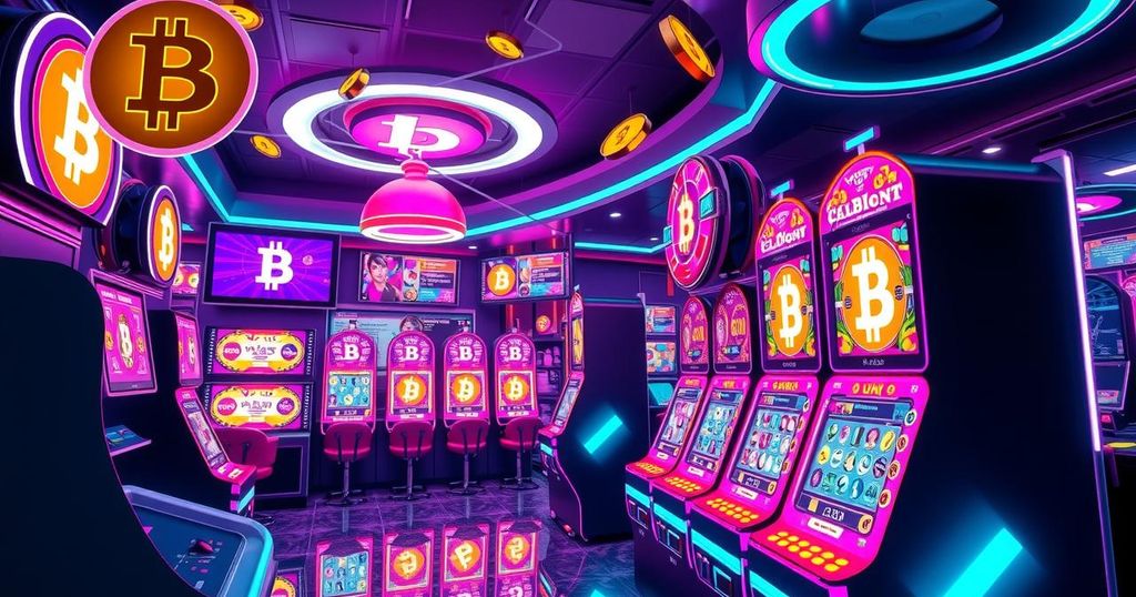 A digital casino scene showing virtual slot machines and cryptocurrency logos, in a vibrant, futuristic style.