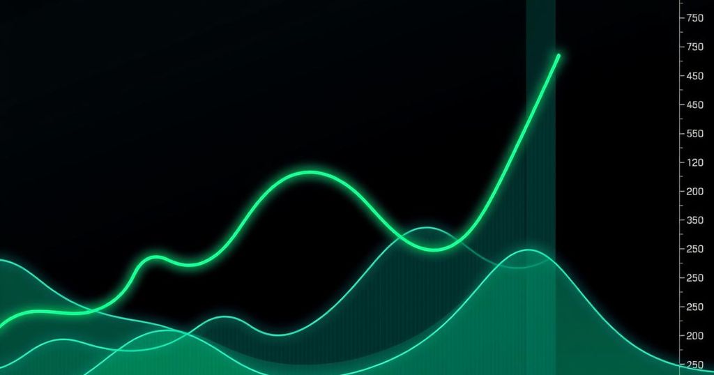 A digital bull flag chart representing Bitcoin trading patterns with upward trends in green shades and a dark background.