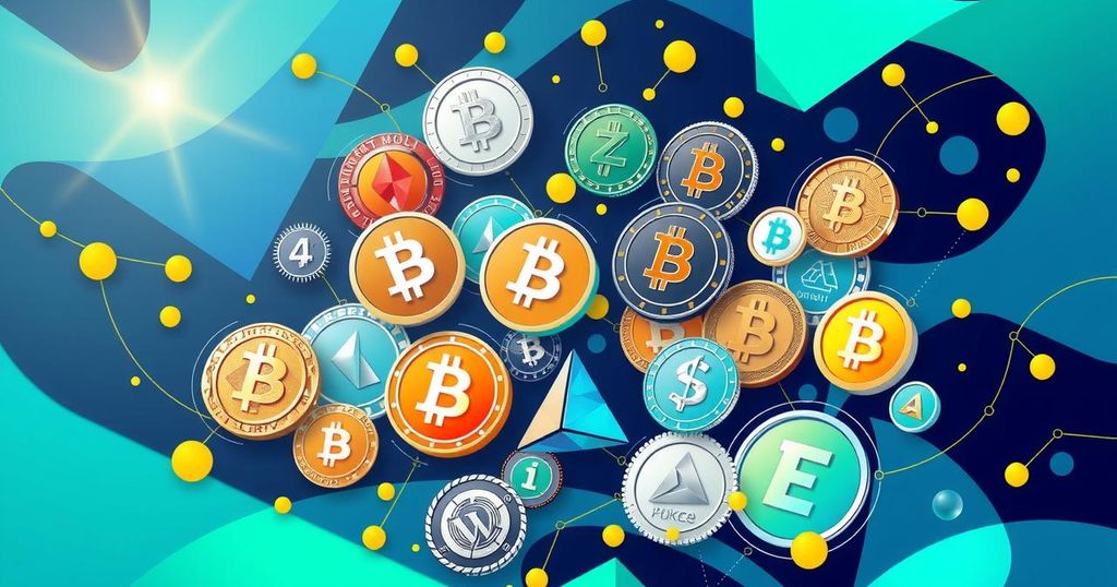 A digital representation of various cryptocurrencies, featuring kaleidoscopic patterns and vibrant colours, symbolising market dynamics.
