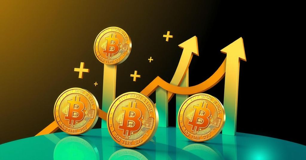A stylized graphic displaying Bitcoin symbols with arrows indicating upward price movement and vibrant colour schemes.