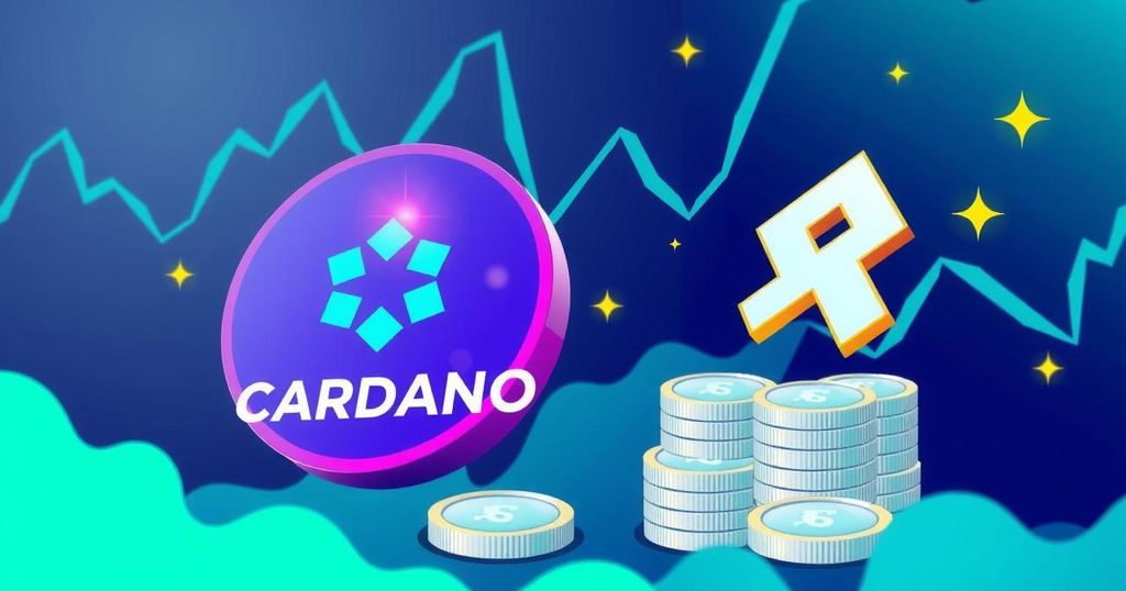 A digital illustration of Cardano and Remittix logos against a backdrop of a thriving cryptocurrency market.